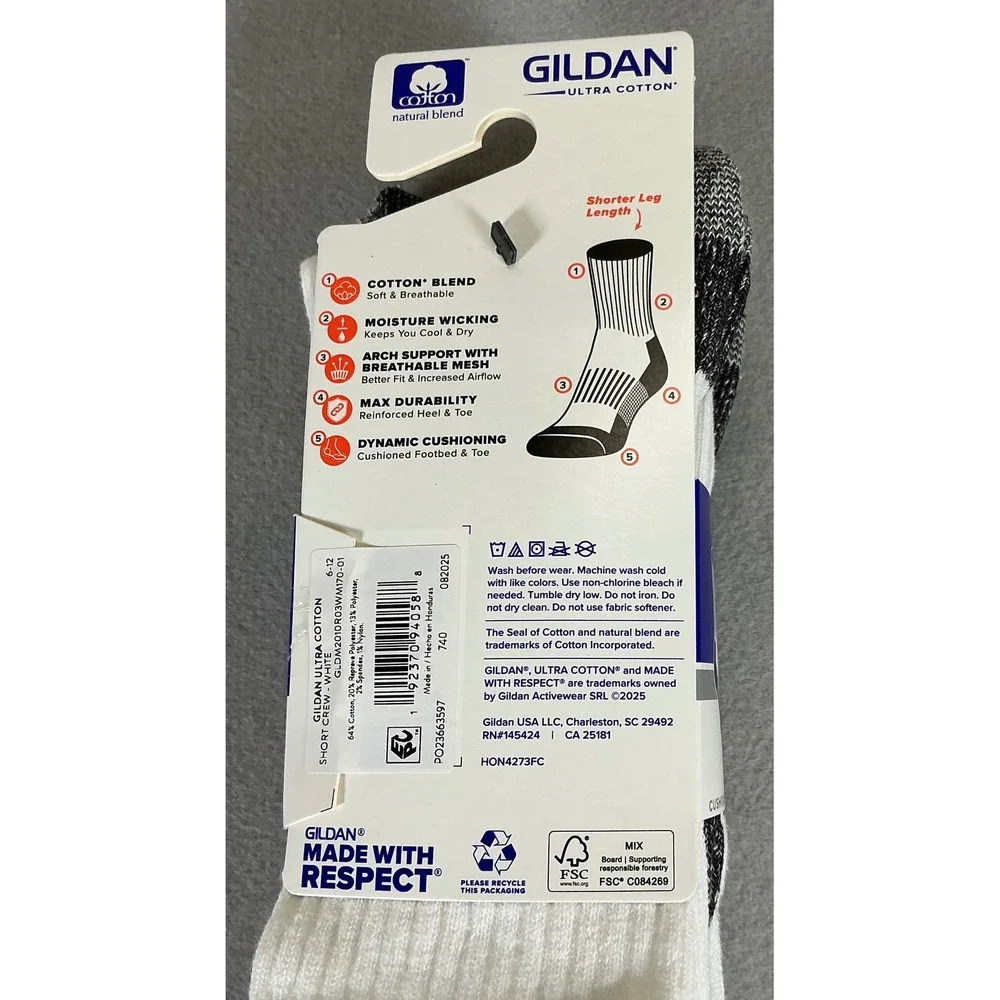 2 Pack Gildan Ultra Cotton Men Cushion Short Crew Socks 6-12 White Gray 6 PR NWT